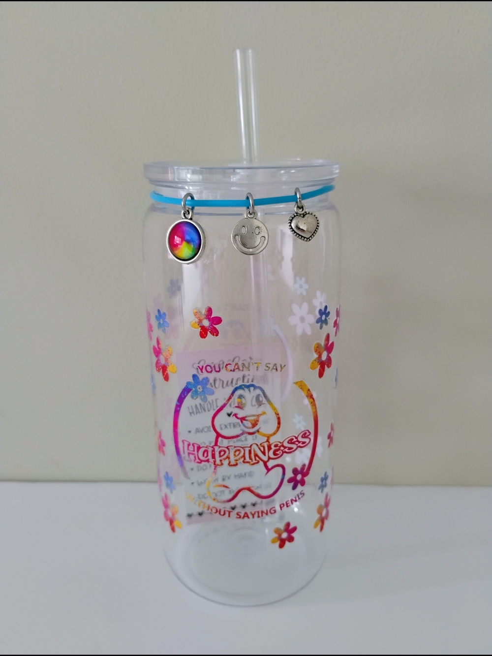 *HANDMADE* HAPPINESS P*NIS ACRYLIC TUMBLER WITH CHARMS 16 oz.